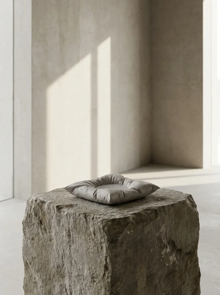 The coaster on a brutalist stone pedestal in a gallery