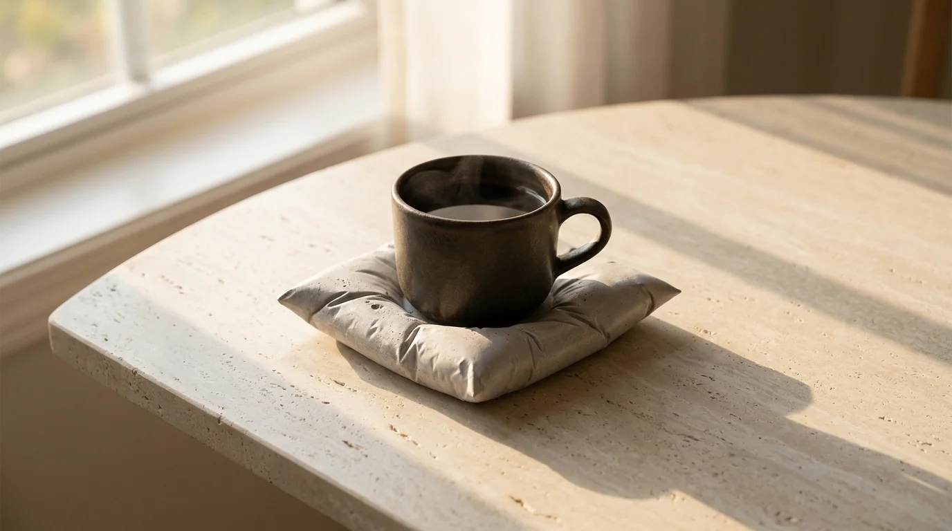 A dark cup seated in the coaster's centre in warm light