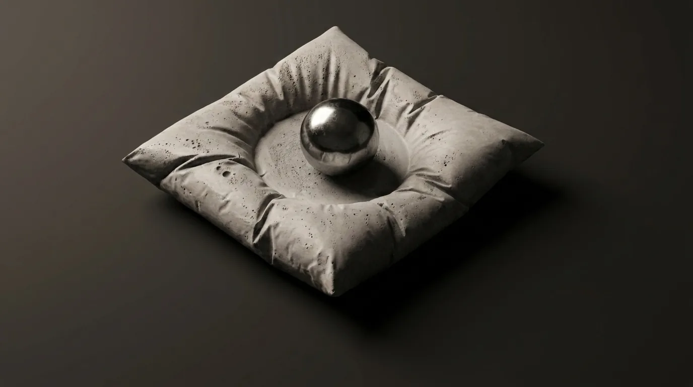 A cement pillow coaster with a heavy steel ball resting in its centre dish