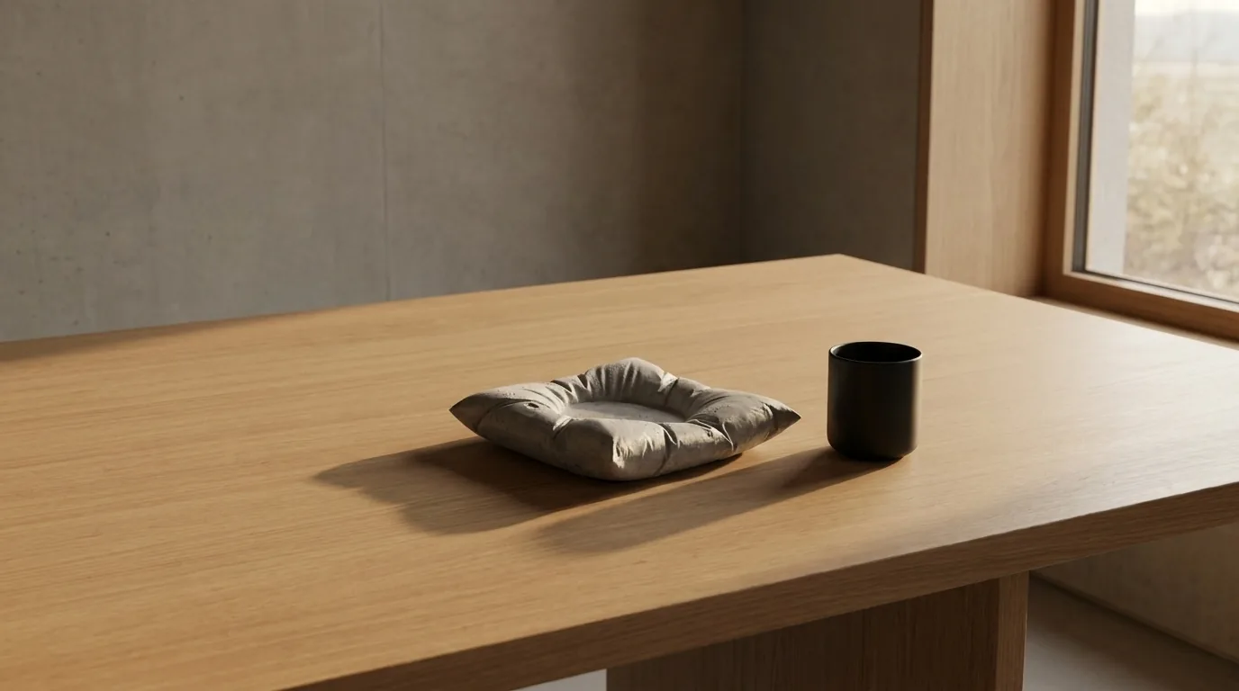 The cement pillow coaster alone on a minimalist oak table in a sunlit room